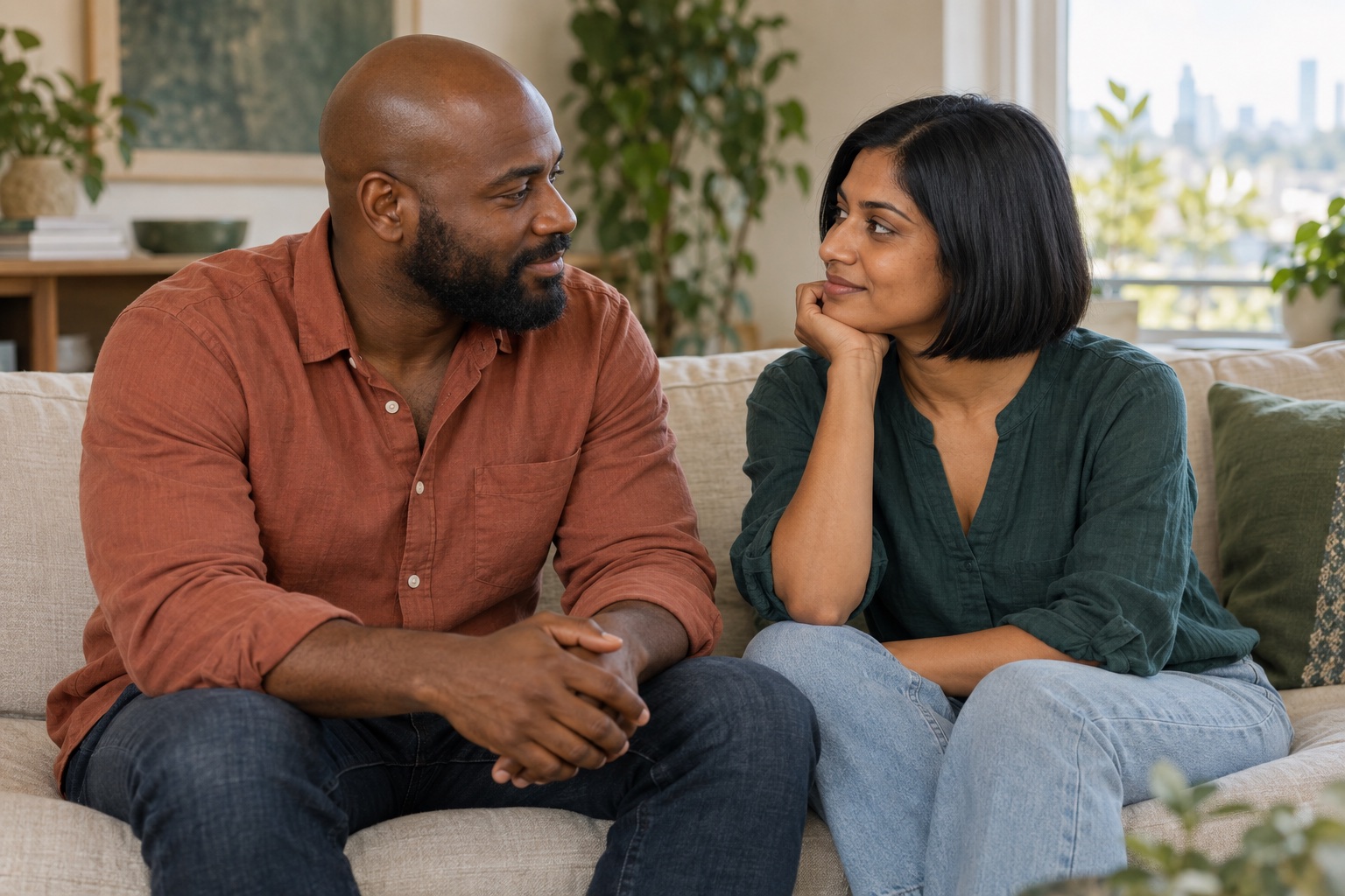 A couple sharing a quiet conversation on their sofa at home