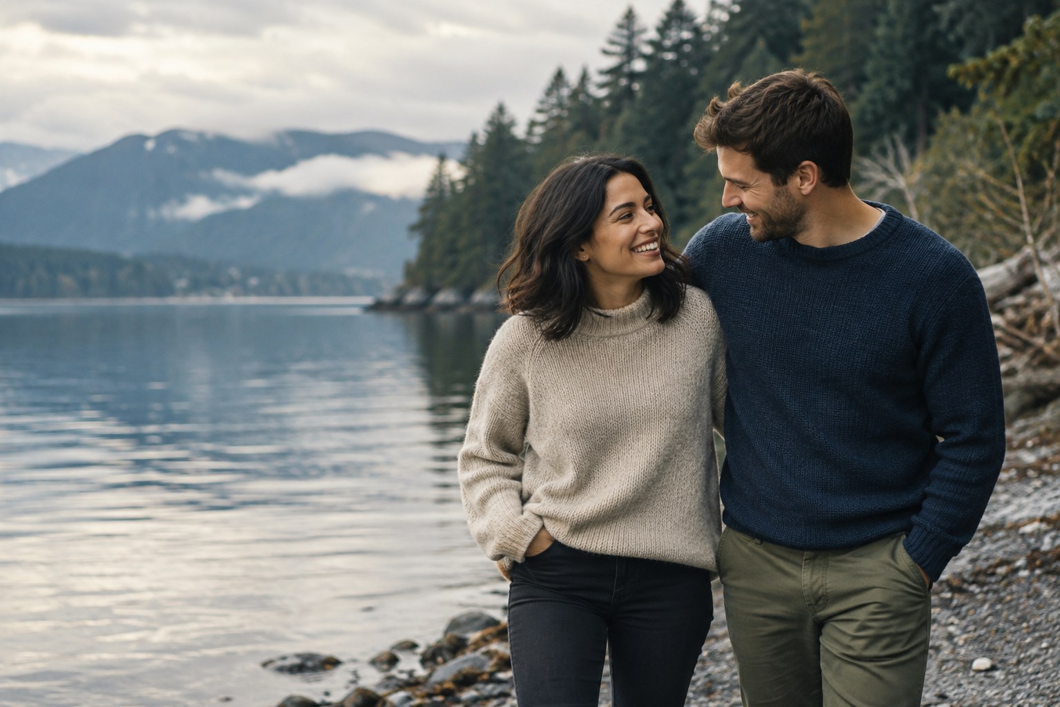 A couple sharing a smile as they walk beside a lake