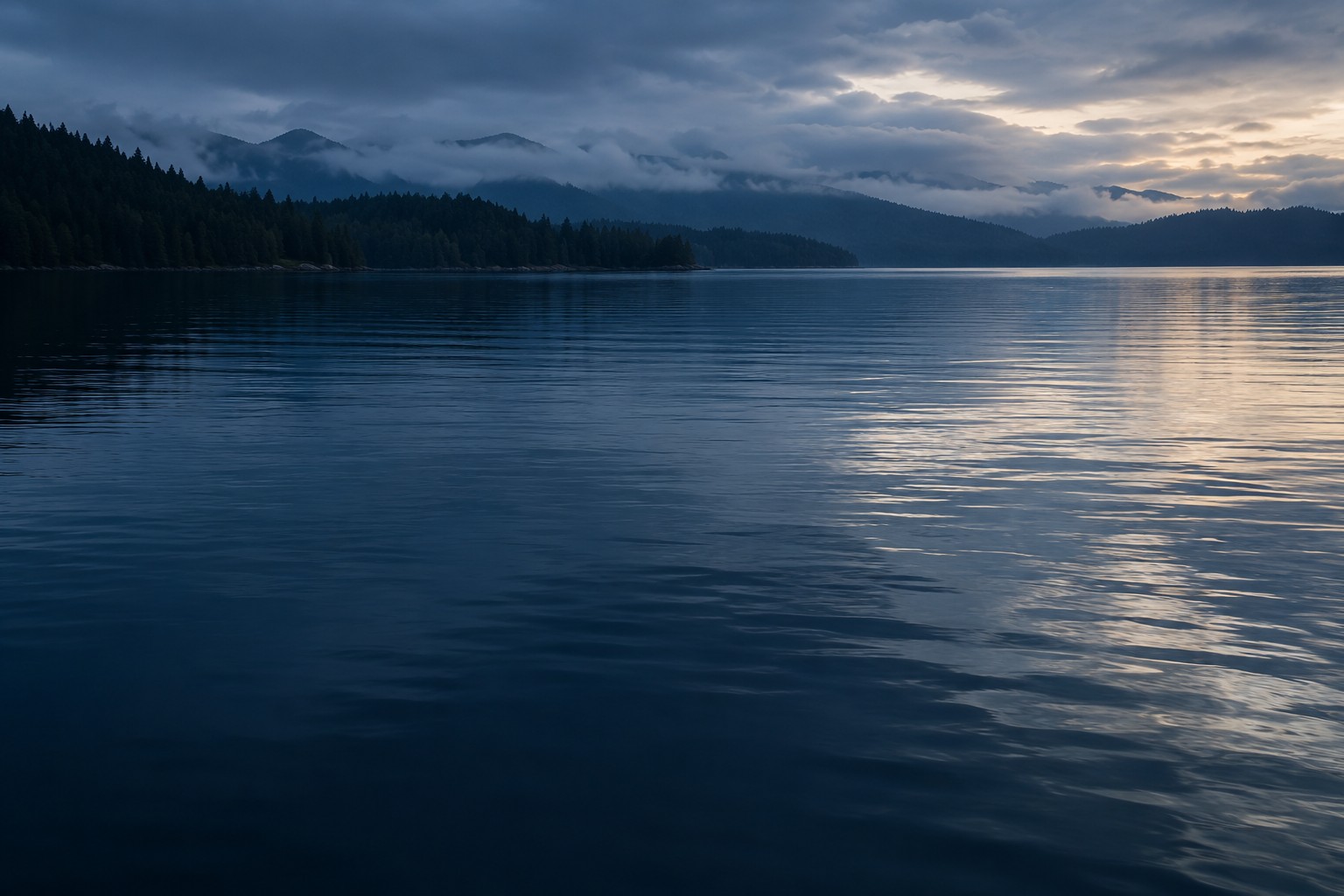Still lake water beneath a misty evergreen shoreline